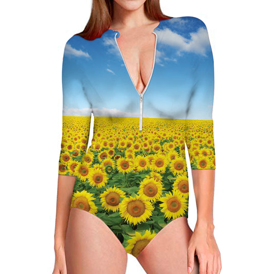 Sunflower Field Print Long Sleeve Swimsuit