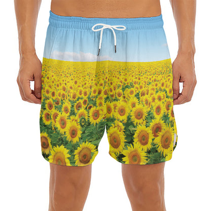 Sunflower Field Print Men's Split Running Shorts