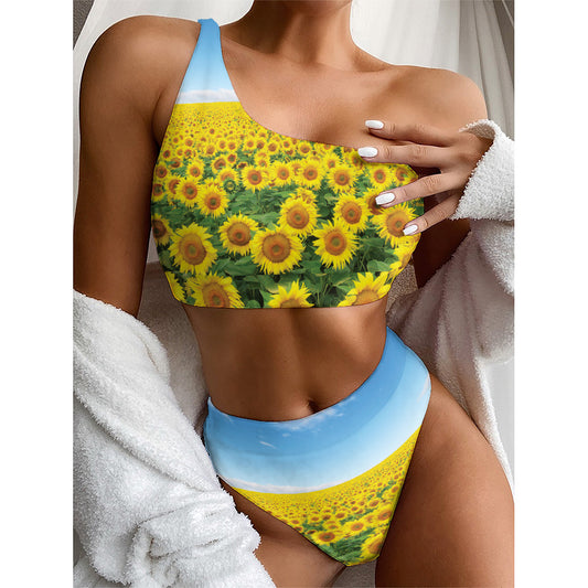 Sunflower Field Print One Shoulder Bikini Top