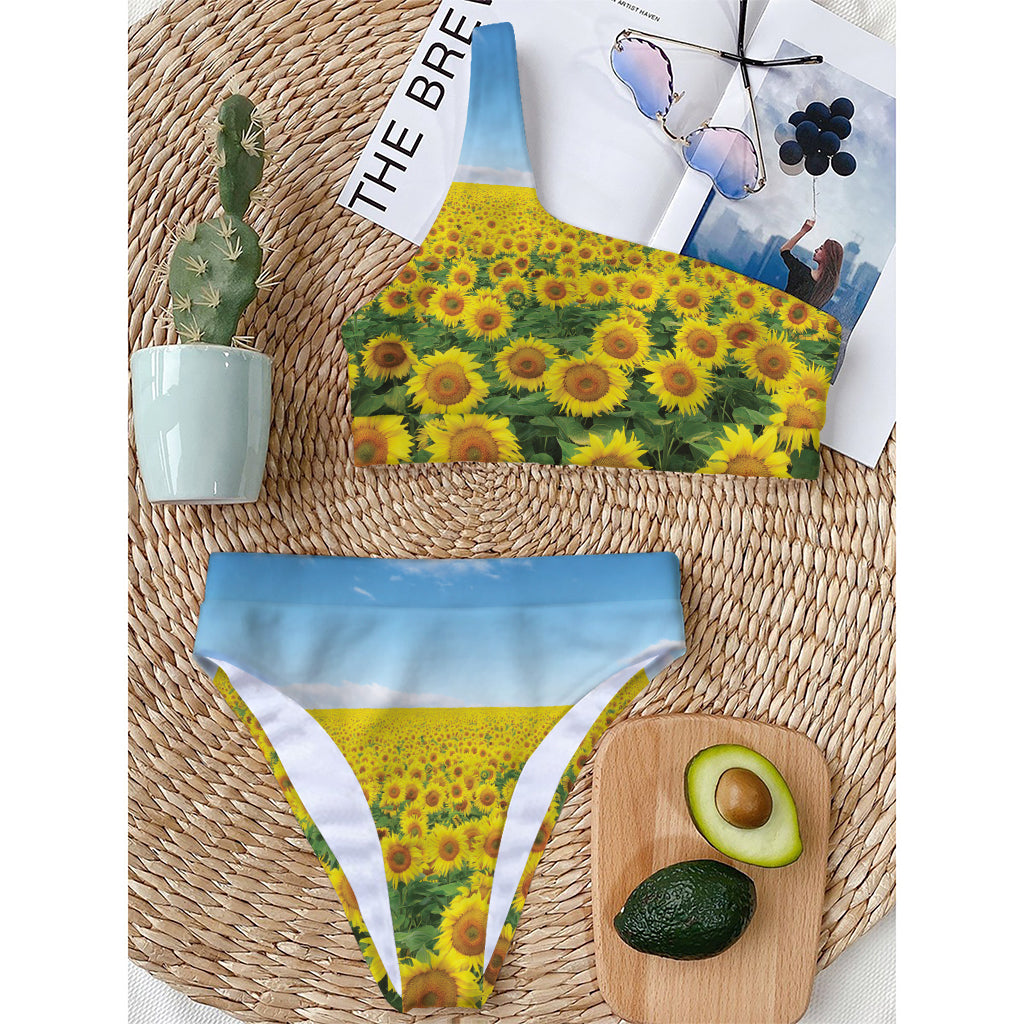 Sunflower Field Print One Shoulder Bikini Top