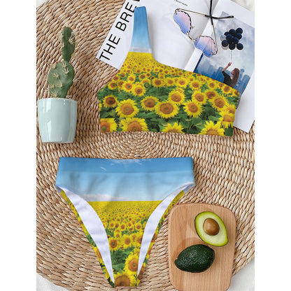 Sunflower Field Print One Shoulder Bikini Top