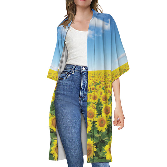 Sunflower Field Print Open Front Beach Cover Up
