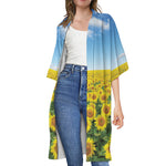 Sunflower Field Print Open Front Beach Cover Up