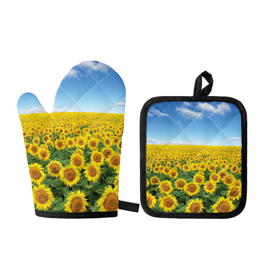 Sunflower Field Print Oven Mitt And Pot Holder Set
