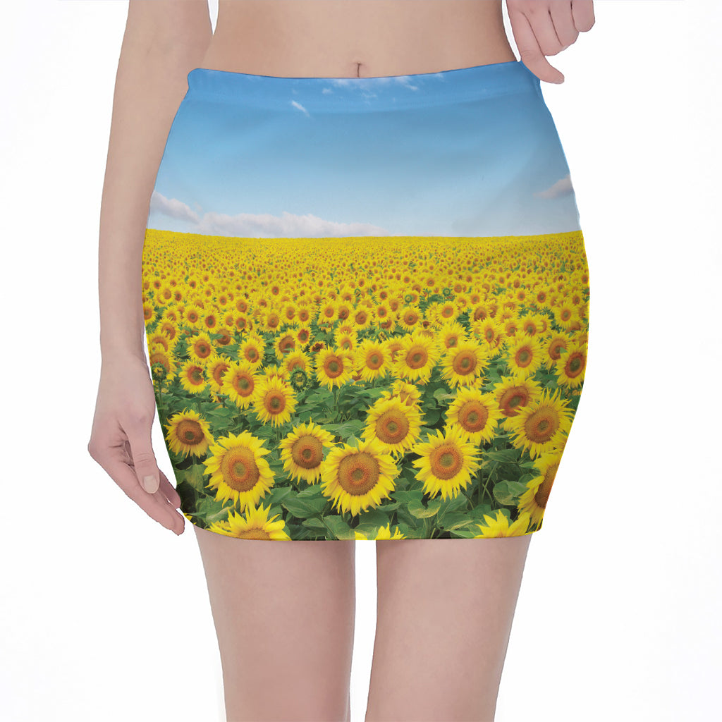 Sunflower Field Print Pencil Mini Skirt