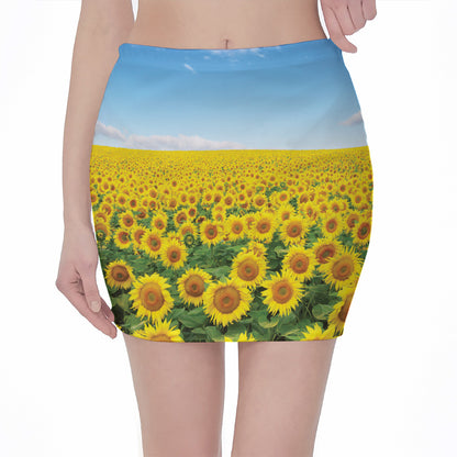 Sunflower Field Print Pencil Mini Skirt
