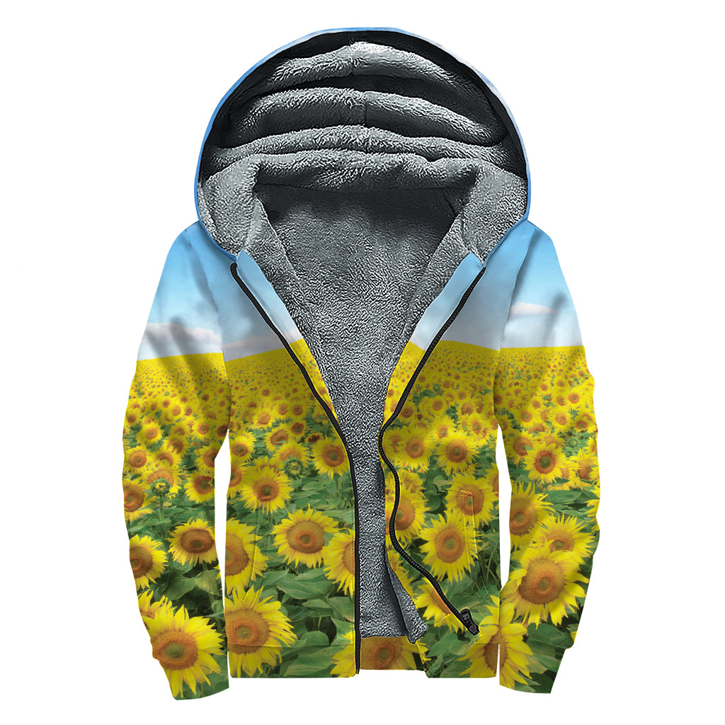 Sunflower Field Print Sherpa Lined Zip Up Hoodie