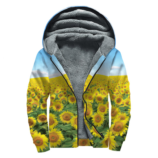 Sunflower Field Print Sherpa Lined Zip Up Hoodie