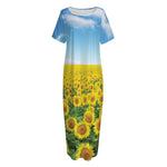 Sunflower Field Print Short Sleeve Long Nightdress