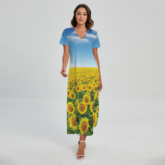 Sunflower Field Print Short Sleeve Maxi Dress