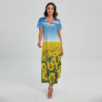 Sunflower Field Print Short Sleeve Maxi Dress