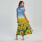 Sunflower Field Print Short Sleeve Maxi Dress