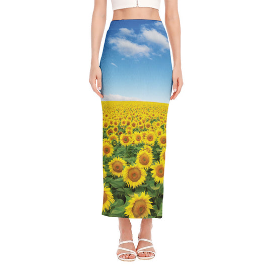 Sunflower Field Print Side Slit Maxi Skirt