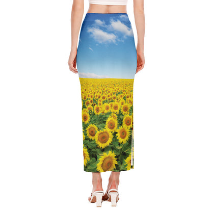 Sunflower Field Print Side Slit Maxi Skirt