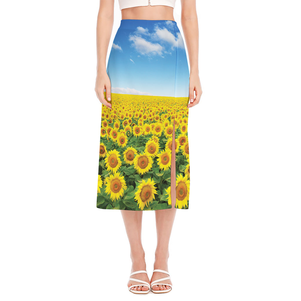 Sunflower Field Print Side Slit Midi Skirt