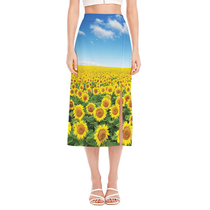 Sunflower Field Print Side Slit Midi Skirt