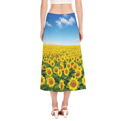 Sunflower Field Print Side Slit Midi Skirt