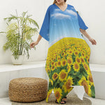 Sunflower Field Print Silk V-Neck Kaftan Dress