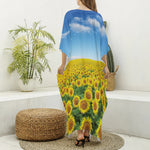 Sunflower Field Print Silk V-Neck Kaftan Dress