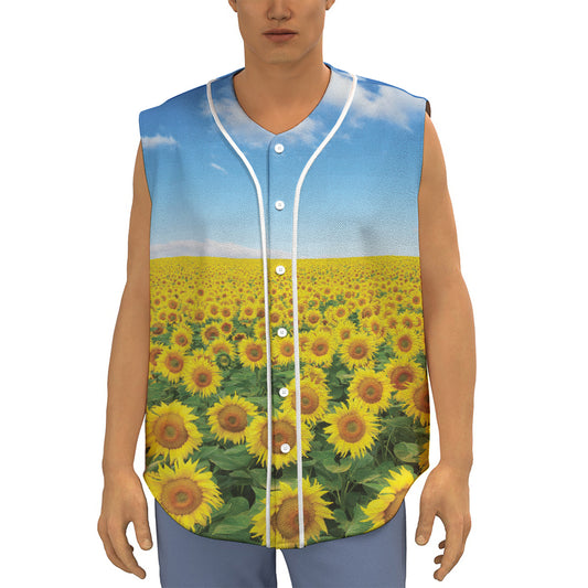Sunflower Field Print Sleeveless Baseball Jersey