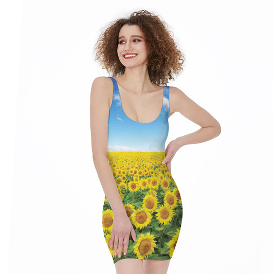 Sunflower Field Print Sleeveless Bodycon Dress