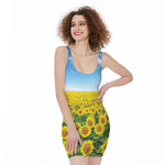 Sunflower Field Print Sleeveless Bodycon Dress