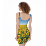 Sunflower Field Print Sleeveless Bodycon Dress