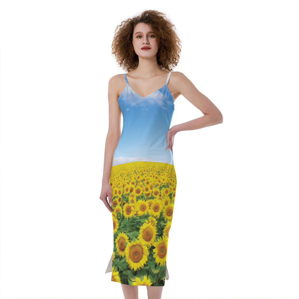 Sunflower Field Print Slim Fit Midi Cami Dress