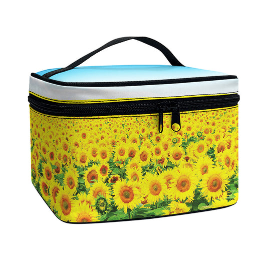 Sunflower Field Print Travel Makeup Bag