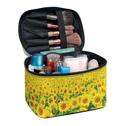 Sunflower Field Print Travel Makeup Bag