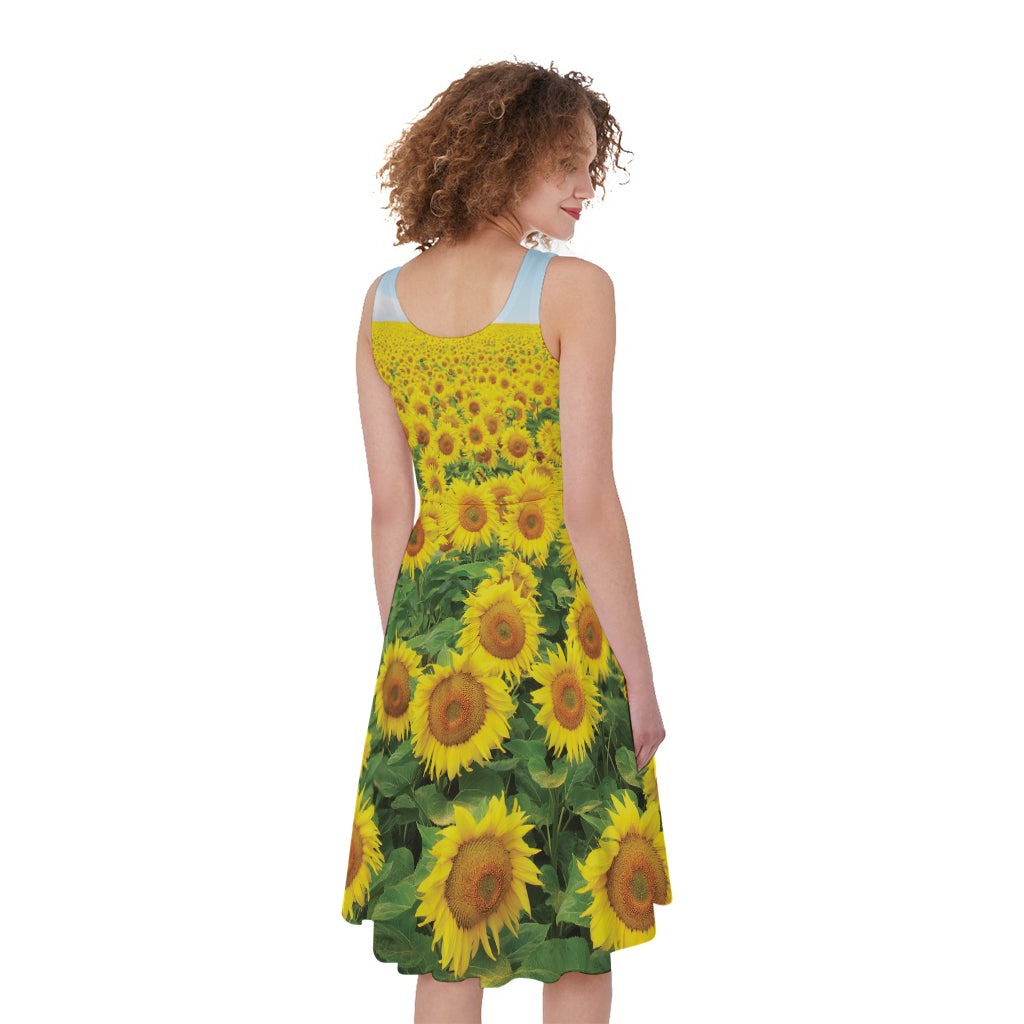 Sunflower Field Print Women's Sleeveless Dress
