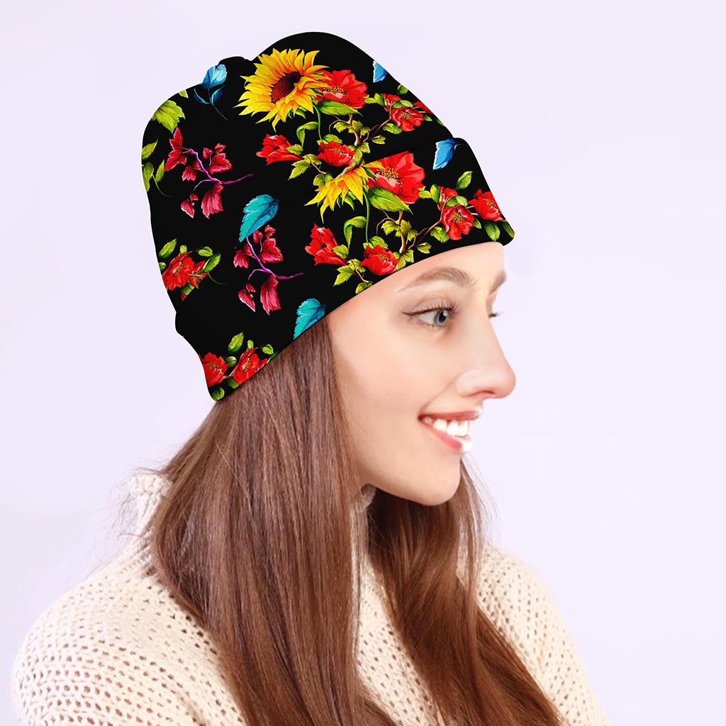 Sunflower Floral Pattern Print Beanie