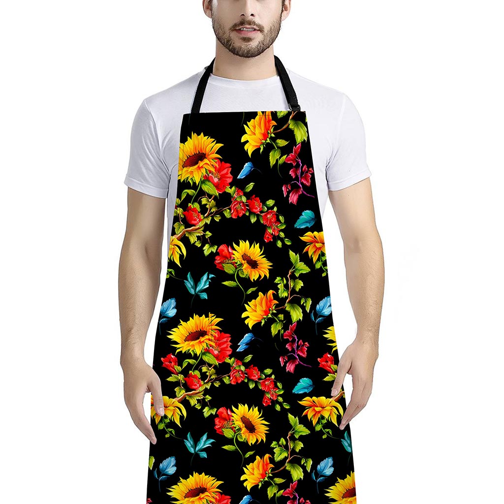 Sunflower Floral Pattern Print Bib Apron With Pocket