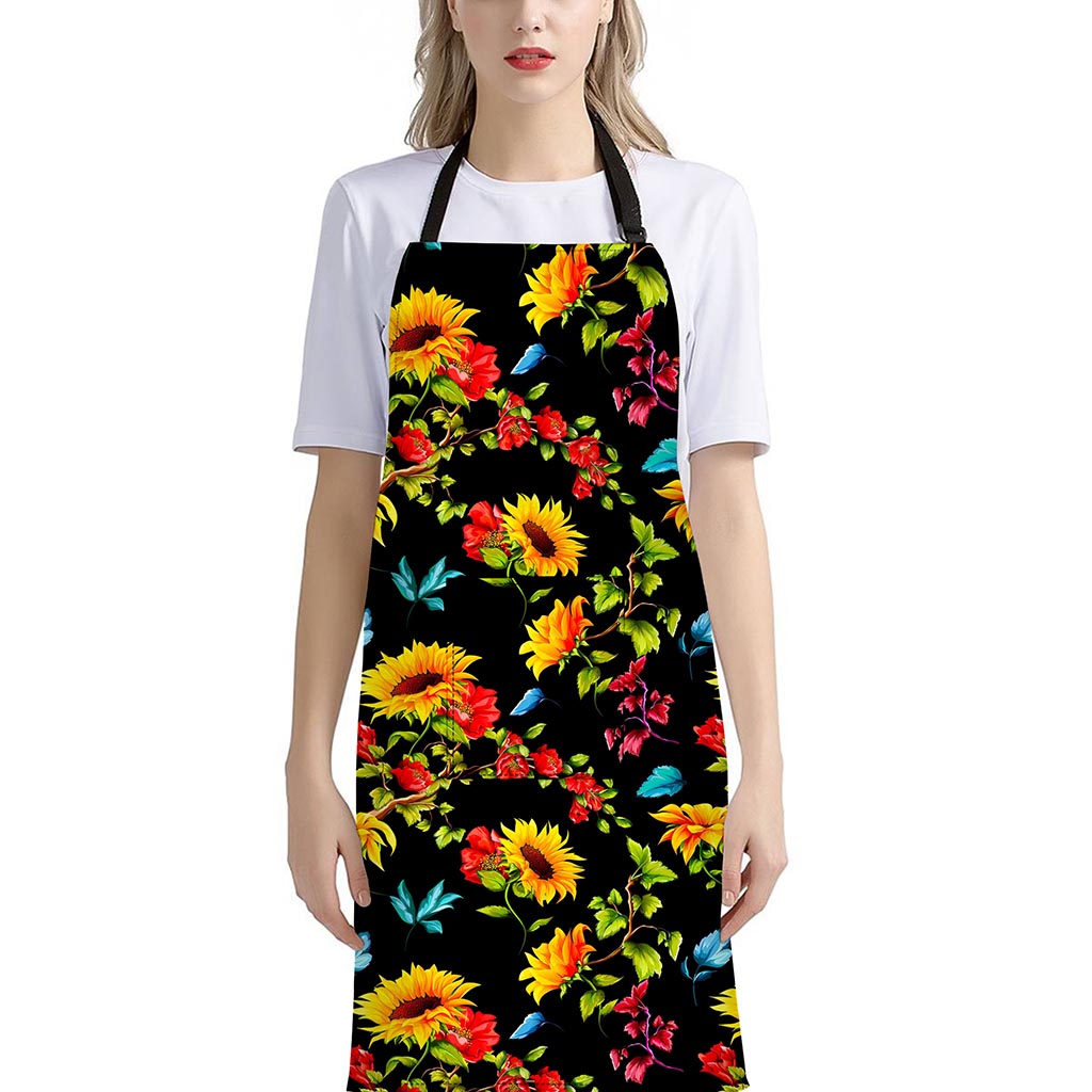 Sunflower Floral Pattern Print Bib Apron With Pocket