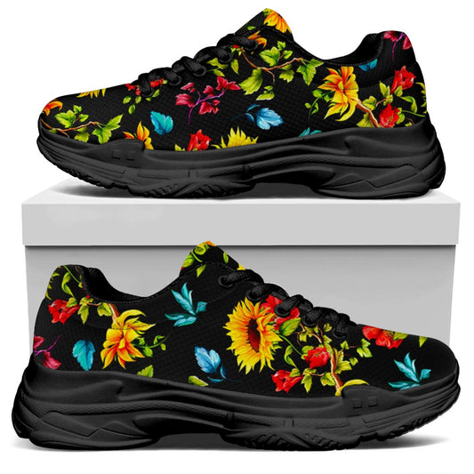 Sunflower Floral Pattern Print Black Chunky Shoes