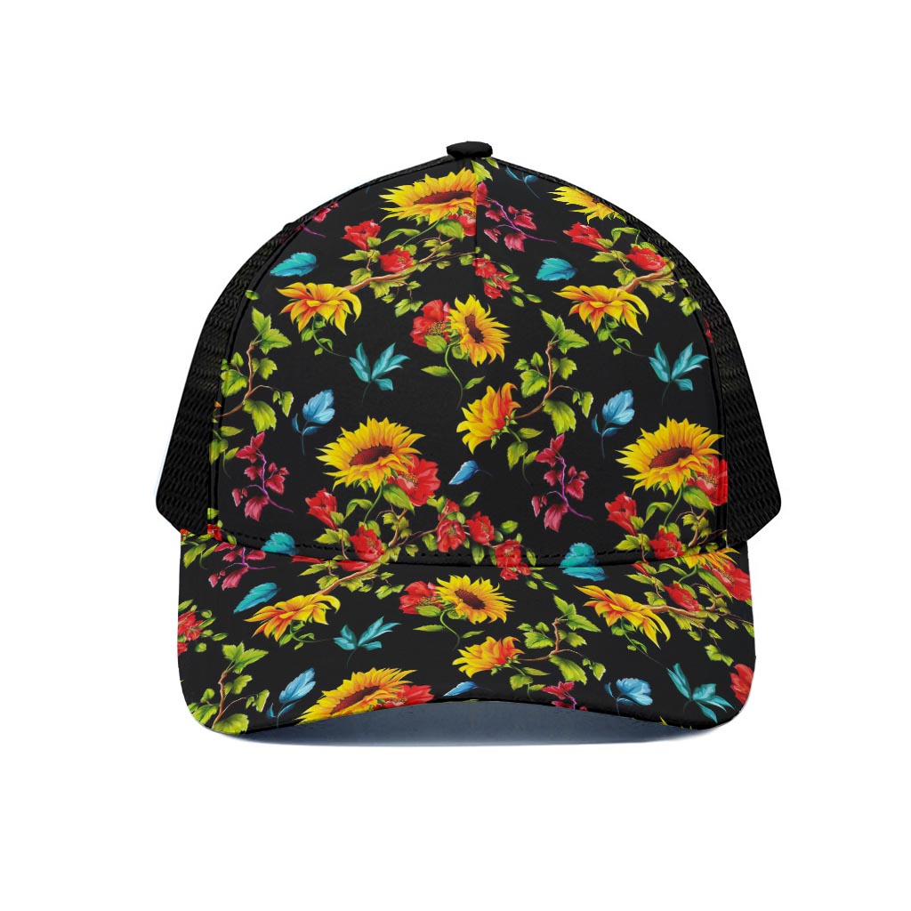 Sunflower Floral Pattern Print Black Mesh Trucker Cap