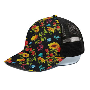 Sunflower Floral Pattern Print Black Mesh Trucker Cap