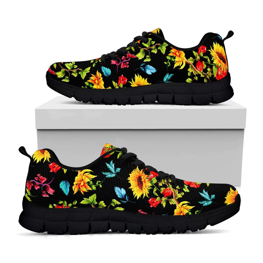 Sunflower Floral Pattern Print Black Running Shoes