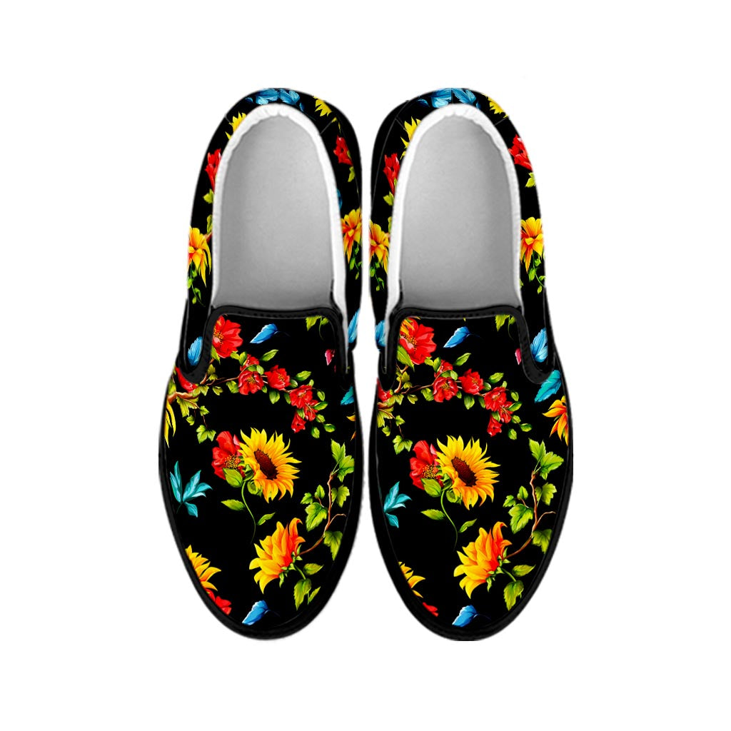 Sunflower Floral Pattern Print Black Slip On Sneakers
