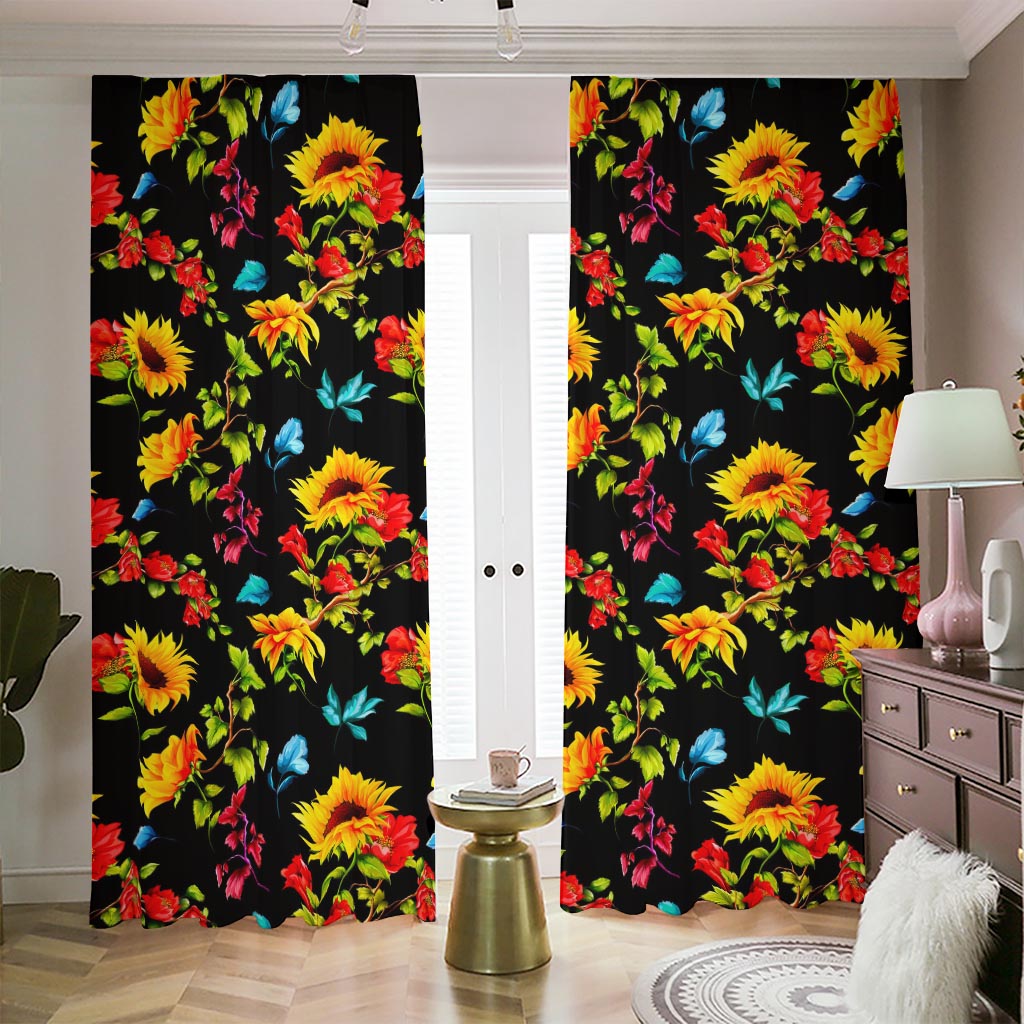 Sunflower Floral Pattern Print Blackout Pencil Pleat Curtains