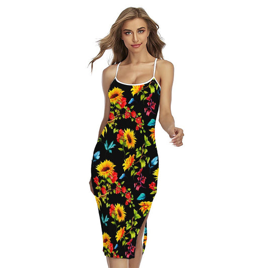Sunflower Floral Pattern Print Cross Back Cami Dress