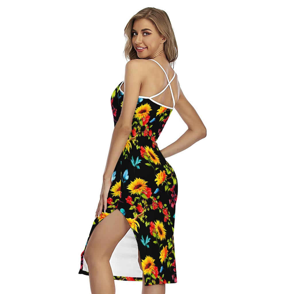 Sunflower Floral Pattern Print Cross Back Cami Dress