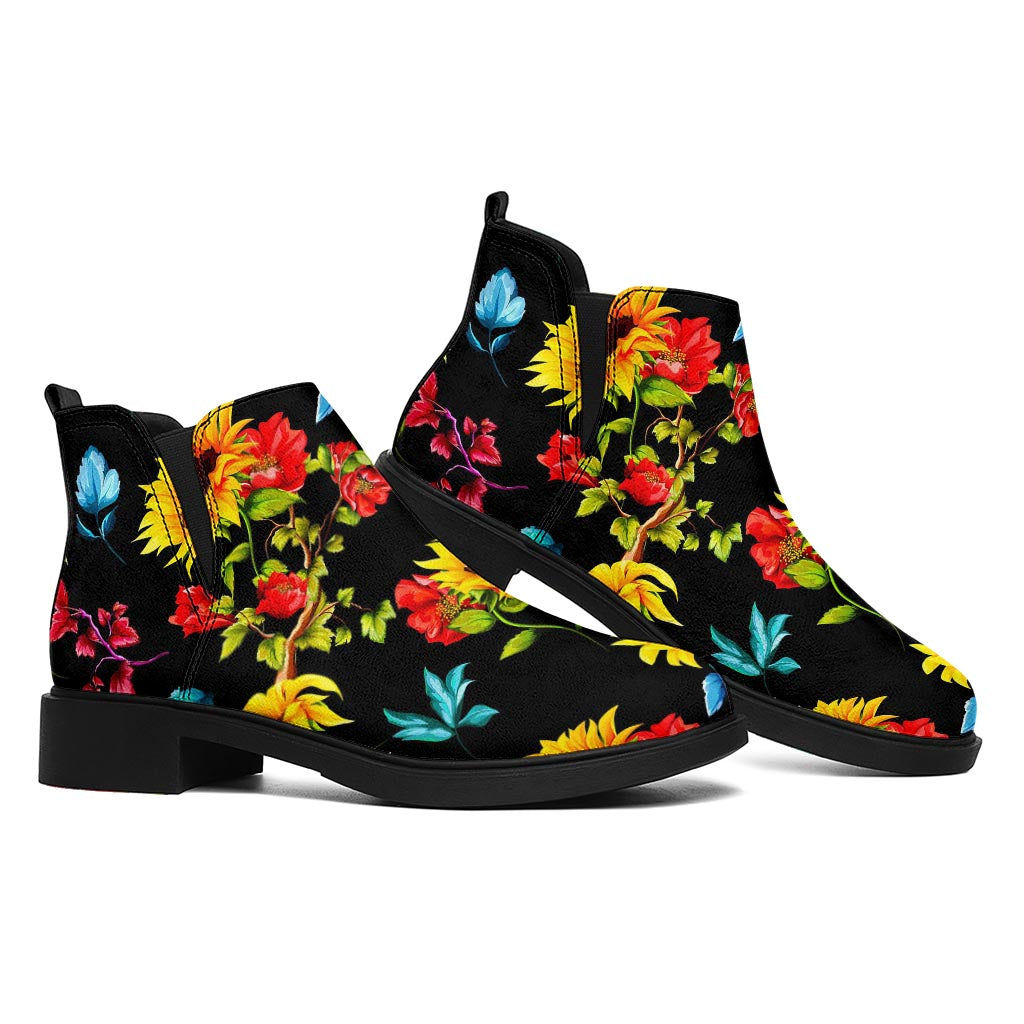 Sunflower Floral Pattern Print Flat Ankle Boots