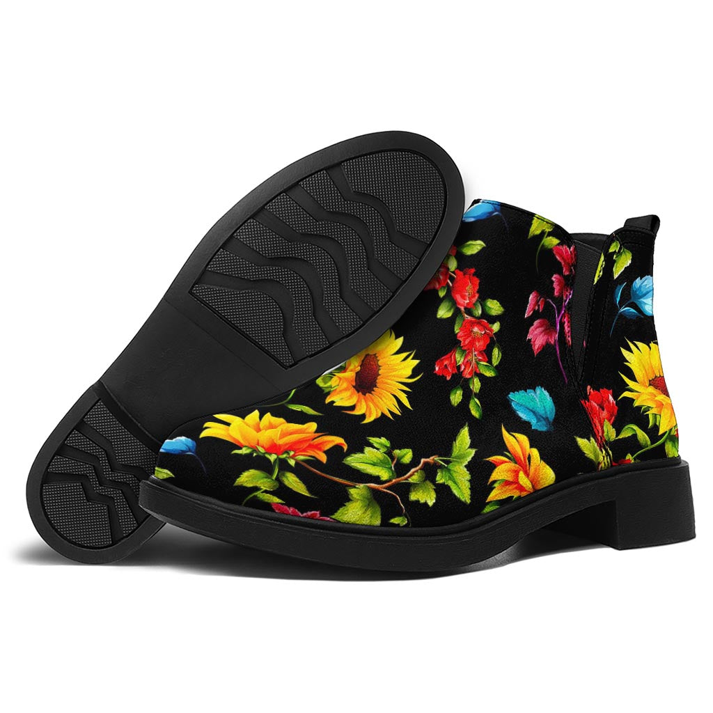 Sunflower Floral Pattern Print Flat Ankle Boots