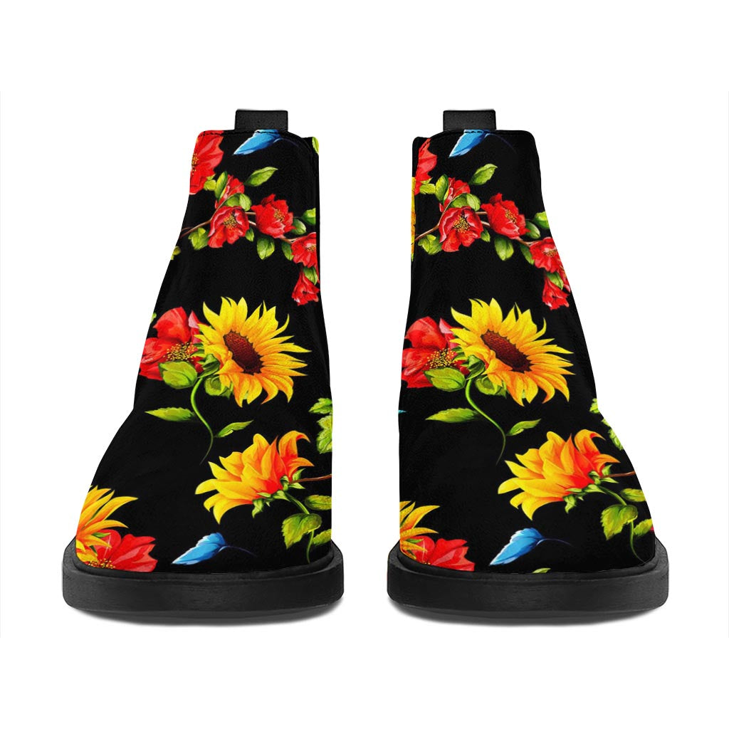 Sunflower Floral Pattern Print Flat Ankle Boots