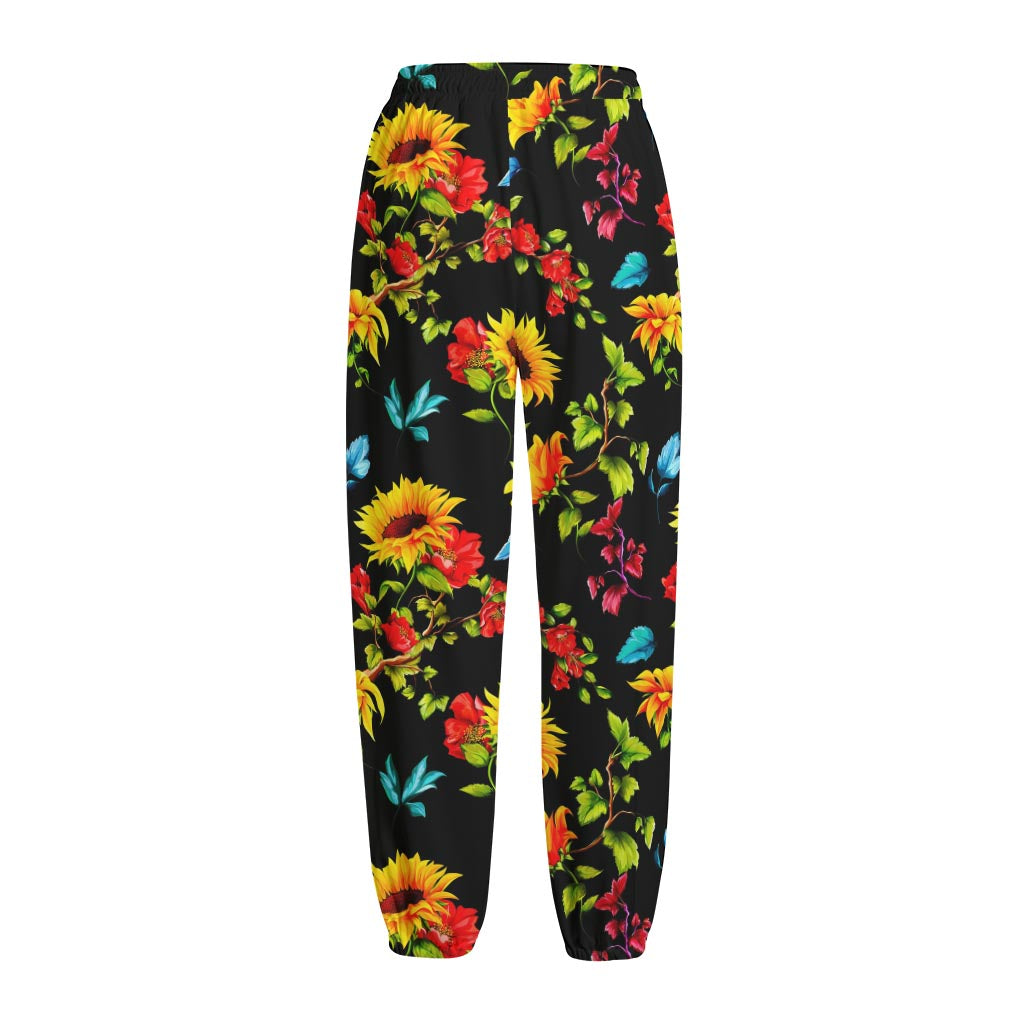 Sunflower Floral Pattern Print Fleece Lined Knit Pants