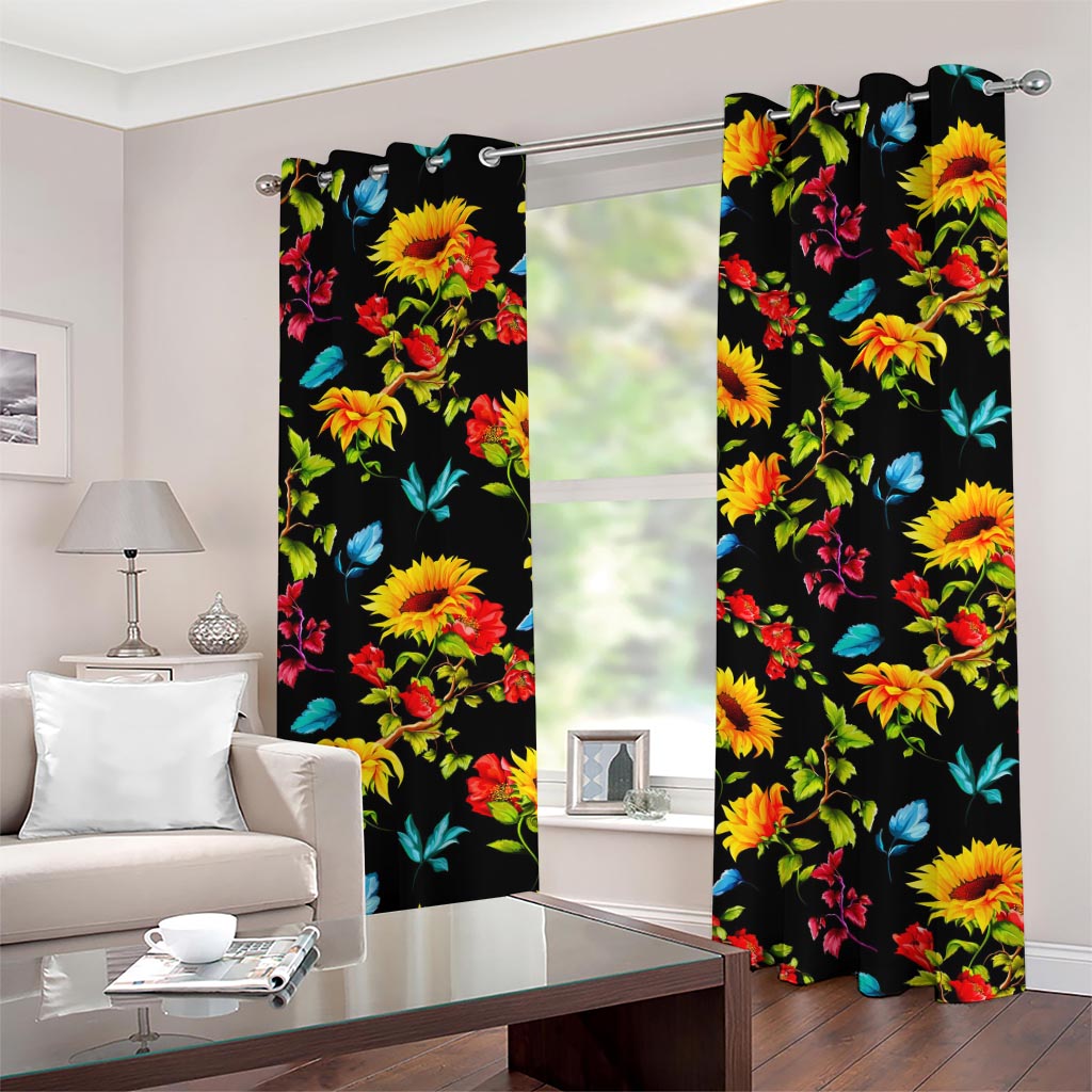 Sunflower Floral Pattern Print Grommet Curtains