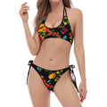 Sunflower Floral Pattern Print Halter Scoop Tie Side Bikini