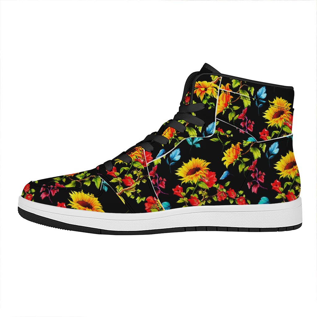 Sunflower Floral Pattern Print High Top Leather Sneakers