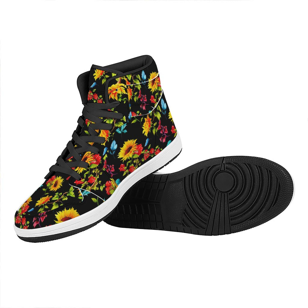 Sunflower Floral Pattern Print High Top Leather Sneakers